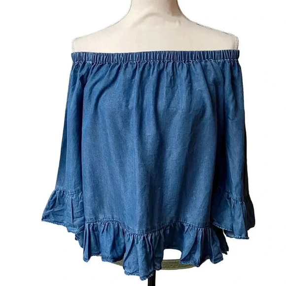 Jane & Delancey Chambray Off-Shoulder Blouse Size Small | Ruffle Hem Boho Chic - Picture 1 of 14